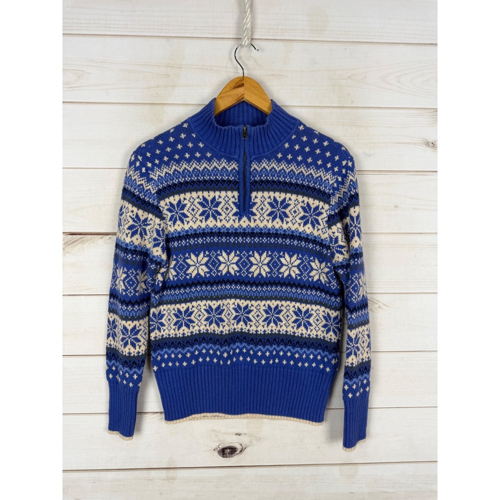 Nomadic Traders Blue Fair Isle Snowflake Quarter Zip Ramie Cotton Sweater M